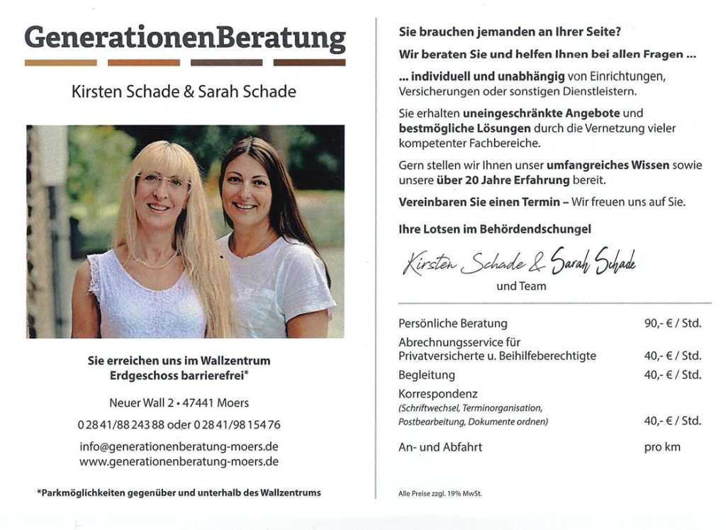 Flyer für Preise für Beratung und Unterstützung bei Pflegegrad